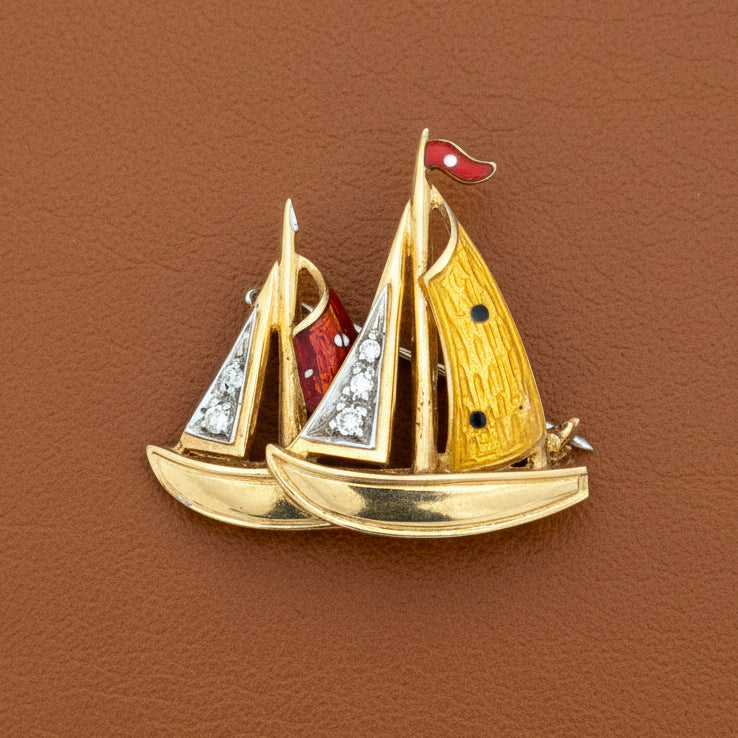 Estate Diamond and Enamel 18Kt Yellow/White Gold Sailboat Brooch