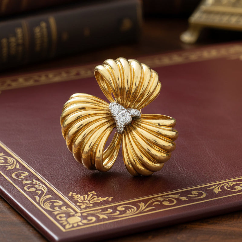 Estate Modern Italian 1980's 18kt Yellow Gold Diamond Flower Brooch