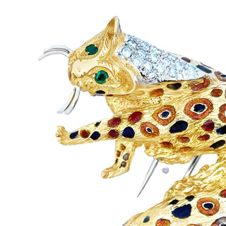 Estate Modern 1980's 18K White, Yellow Gold, Diamond, Emerald, Enamel Leopard Brooch — reverse view