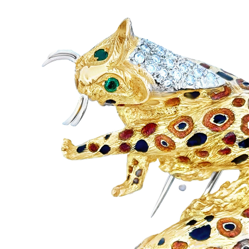 Estate Modern 1980's 18K White, Yellow Gold, Diamond, Emerald, Enamel Leopard Brooch — reverse view