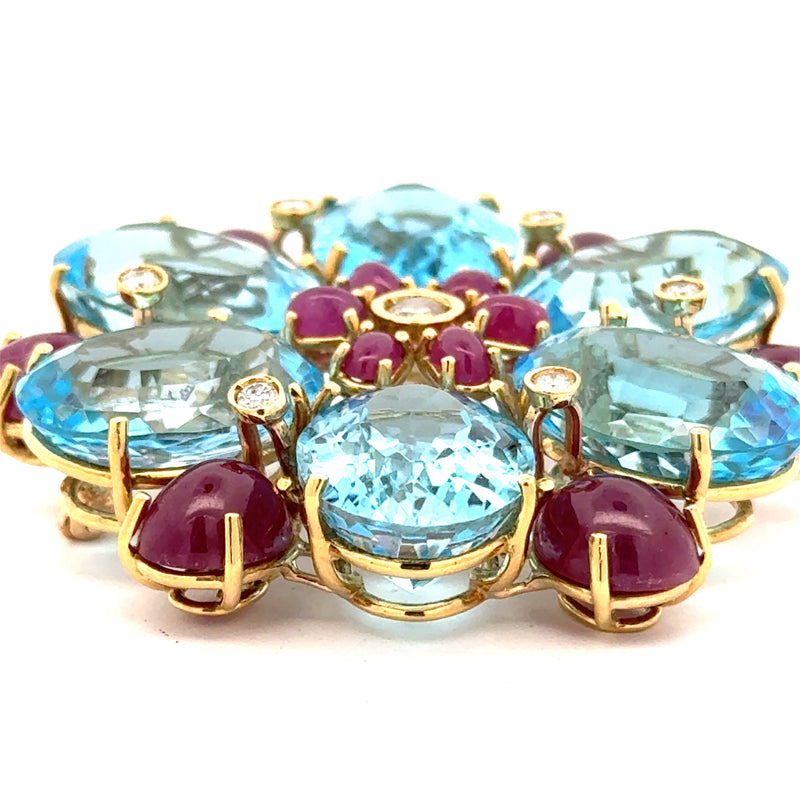 Italian-Modern 1980's 18K Yellow Gold, Blue Topaz, Ruby, Diamond Pendant/Brooch — scale view
