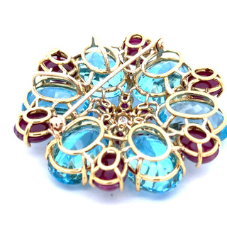 Italian-Modern 1980's 18K Yellow Gold, Blue Topaz, Ruby, Diamond Pendant/Brooch — reverse view
