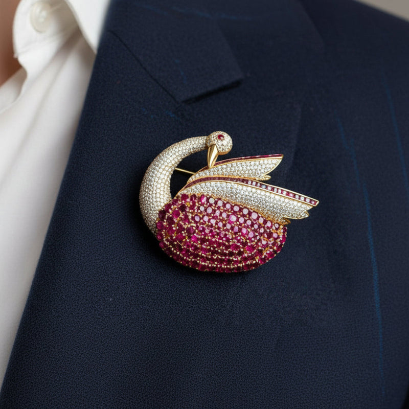 Estate Modern 1980's 22.00ctw Ruby and 5.50 ctw Diamond 14Kt Yellow Gold Swan Pendant/Brooch