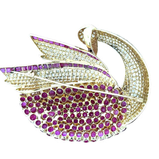 Estate Modern 1980's 22.00ctw Ruby and 5.50 ctw Diamond 14Kt Yellow Gold Swan Pendant/Brooch — reverse view