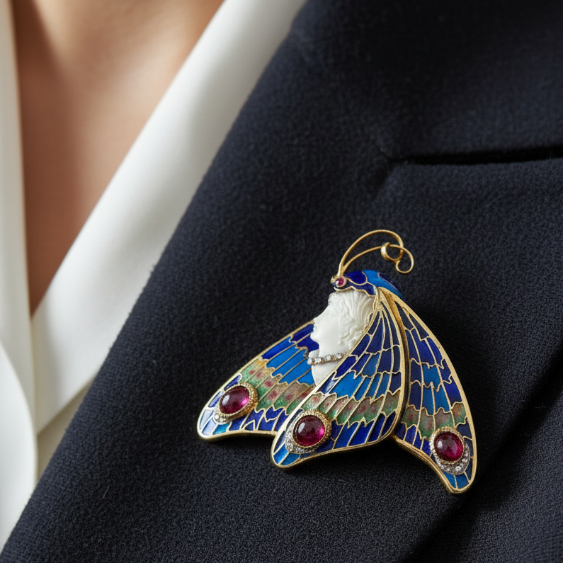 Estate Modern 1990's 18kt Yellow Gold Plique-A-Jour Enamel, Garnet, diamond, Pink Sapphire, Cameo Pendant/Brooch