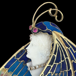 Estate Modern 1990's 18kt Yellow Gold Plique-A-Jour Enamel, Garnet, diamond, Pink Sapphire, Cameo Pendant/Brooch — scale view
