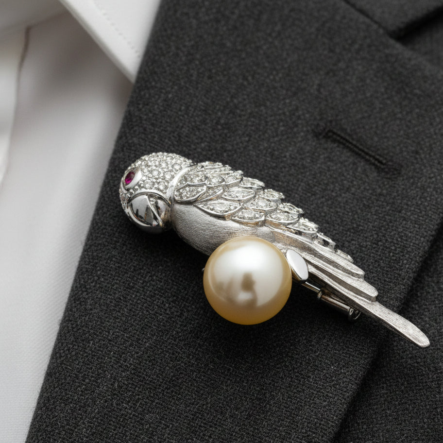 Modern Estate Diamond and South Sea Peal, Ruby 18Kt White Gold Parrot Brooch