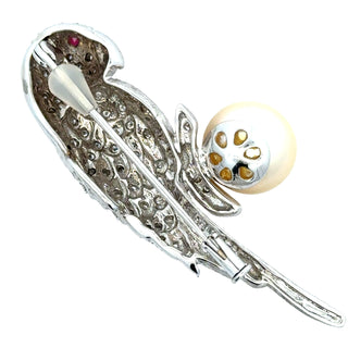 Modern Estate Diamond and South Sea Peal, Ruby 18Kt White Gold Parrot Brooch — scale view