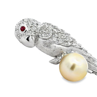 Modern Estate Diamond and South Sea Peal, Ruby 18Kt White Gold Parrot Brooch — alternate view