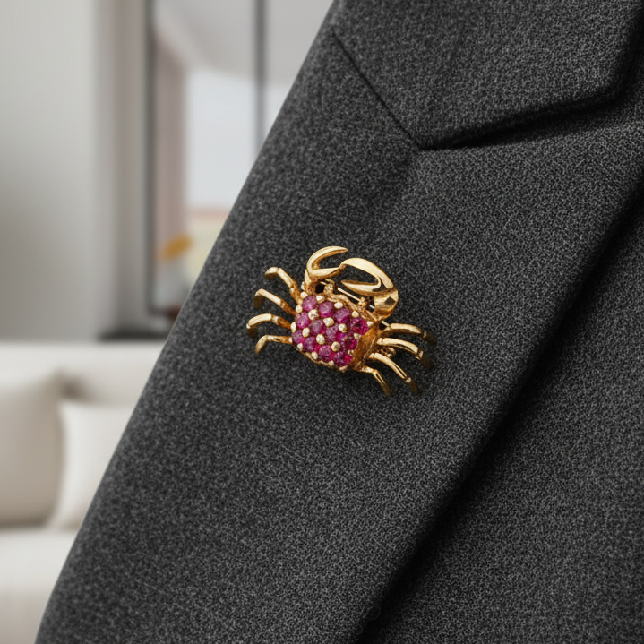 Estate Modern Ruby Crab 14K Yellow Gold Brooch