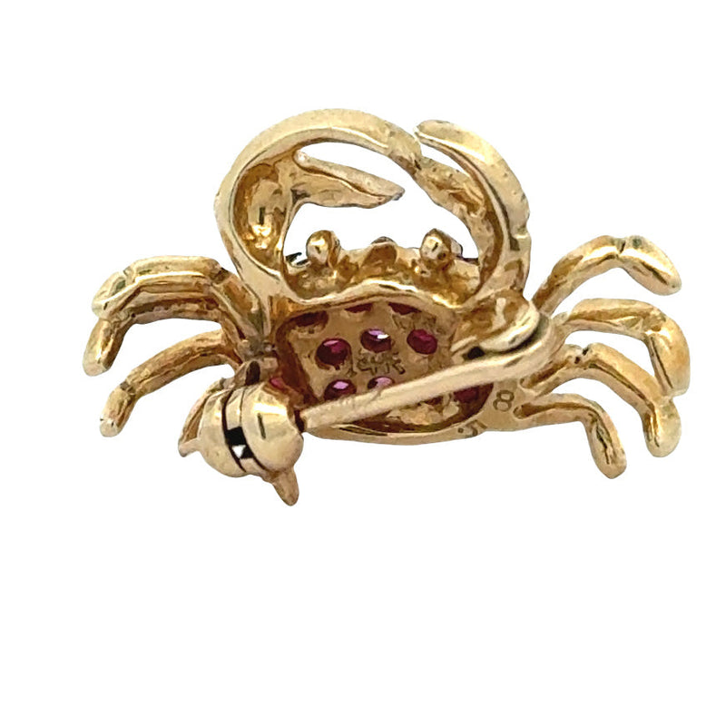 Estate Modern Ruby Crab 14K Yellow Gold Brooch — detail view