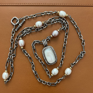 Estate David Yurman Silver 18Kt Yellow Gold Mother of Pearl and Freshwater Pearl 18" Necklace — side view