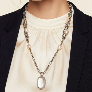Estate jewelry — Estate David Yurman Silver 18Kt Yellow Gold Mother of Pearl and Freshwater Pearl 18" Necklace