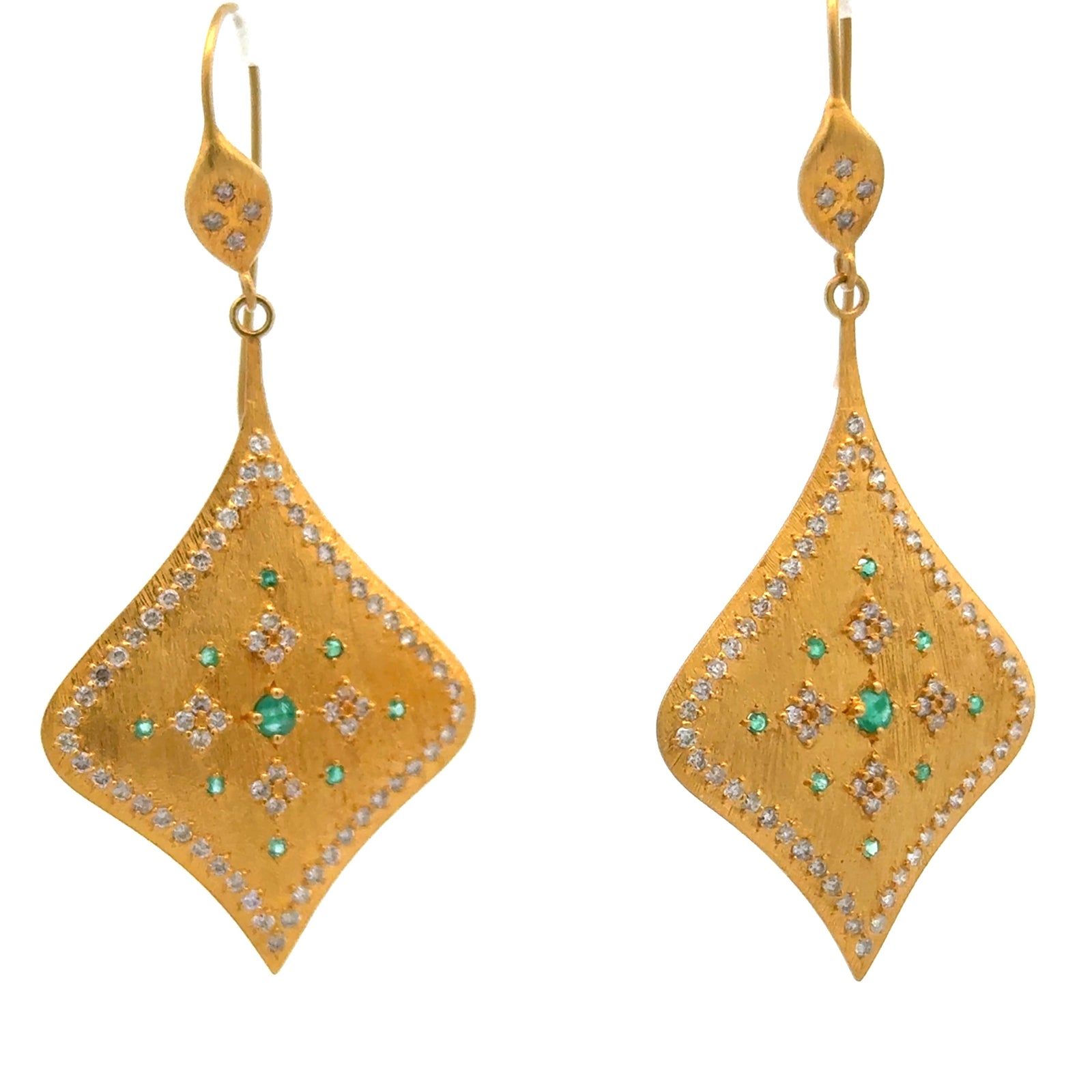 Italian Designer Diamond & Emerald 18Kt Yellow Gold Dangle Earring — scale view