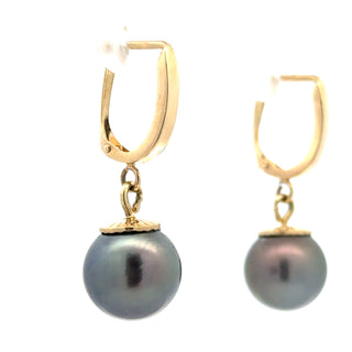 Estate Modern 11.5mm Tahitian Pearl 14kt Yellow Gold Drop Earring — reverse view
