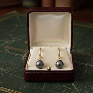 Estate Modern 11.5mm Tahitian Pearl 14kt Yellow Gold Drop Earring — detail view