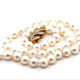 Estate Modern 1990's Japanese Akoya Cultured Pearl and Diamond 18kt Yellow Gold Necklace — side view