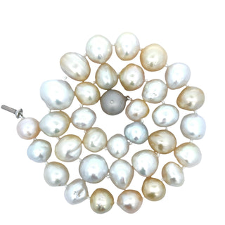 Estate Multi Color Baroque 11mm to 15mm South Sea and Diamond Platinum Necklace — scale view