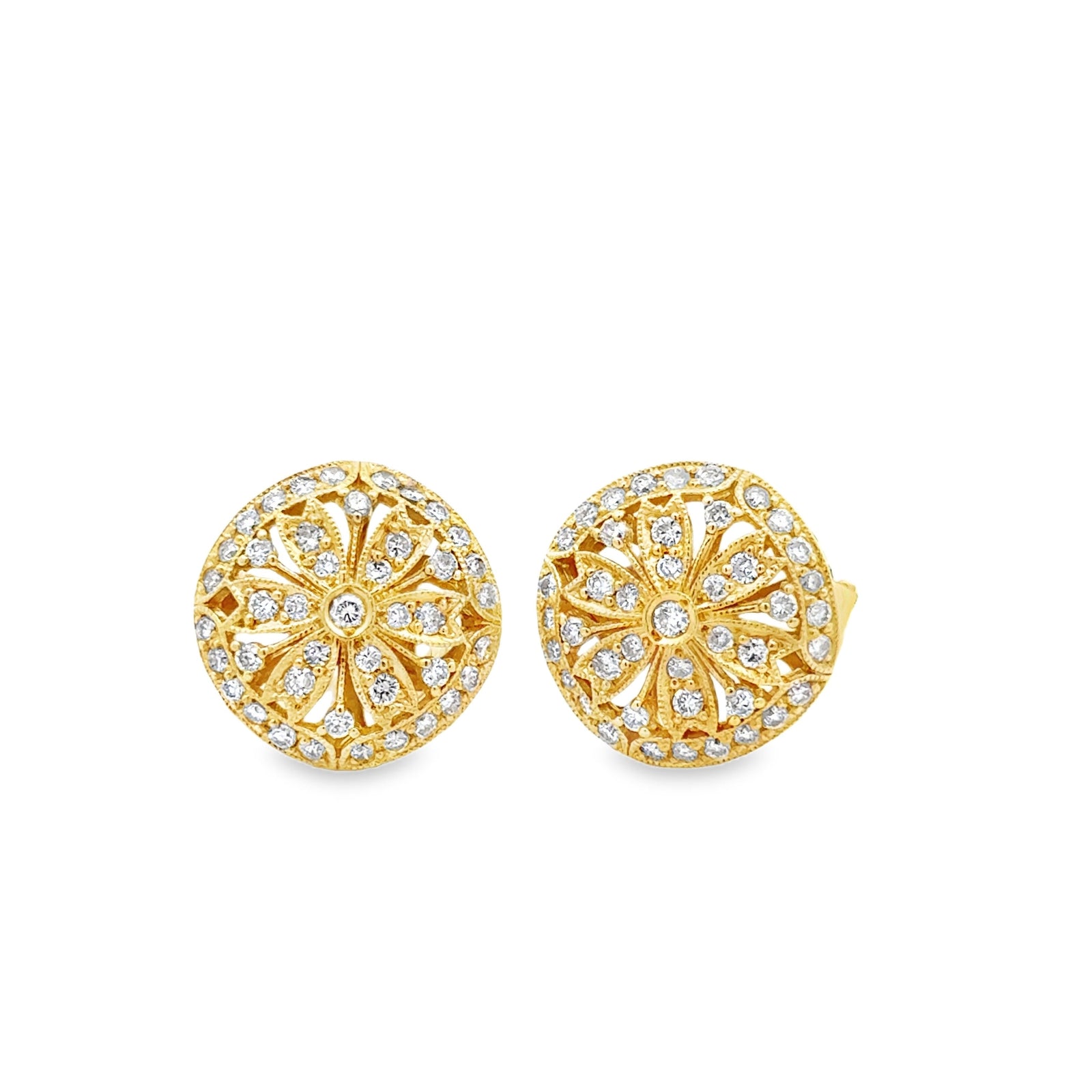 Estate Modern Diamond Filigree 18Kt Yellow Gold Earrings — detail view