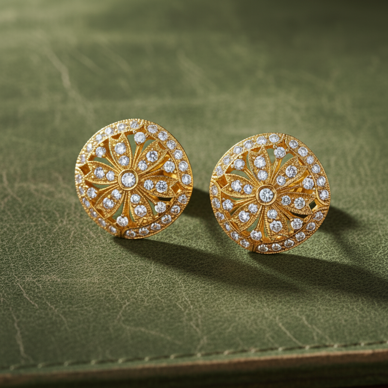 Estate Modern Diamond Filigree 18Kt Yellow Gold Earrings