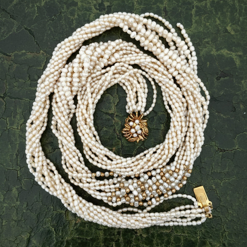 Estate Modern Multi Strand Cultured & Freshwater Pearls 14kt Yellow Gold Necklace