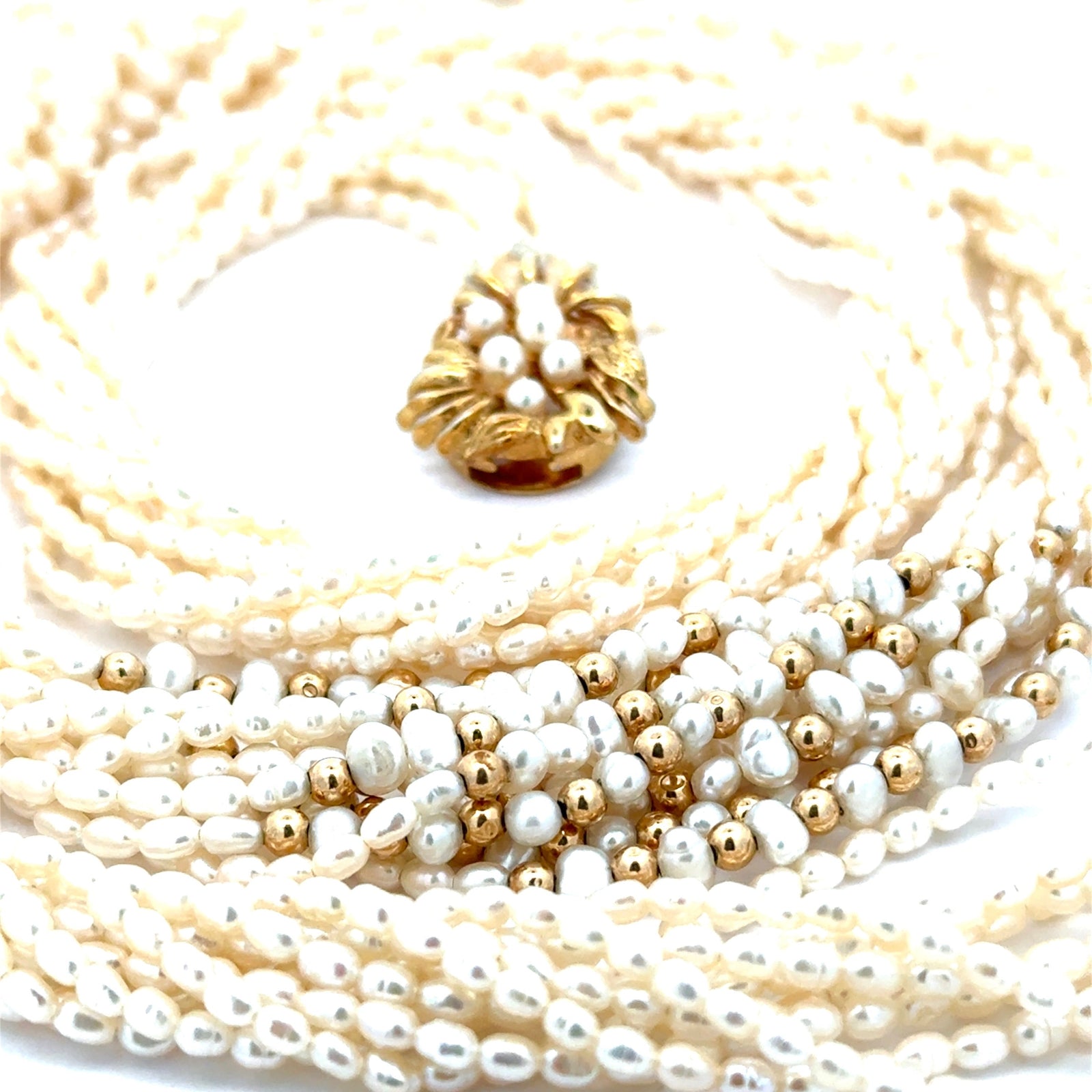 Estate Modern Multi Strand Cultured & Freshwater Pearls 14kt Yellow Gold Necklace — reverse view