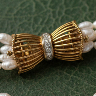 Estate Modern Multi Strand Freshwater Pearl and Diamond 14kt Yellow & White Gold Necklace — side view