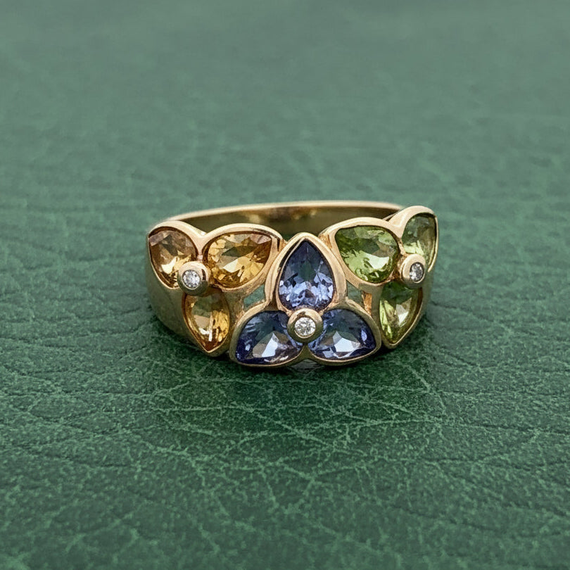 Estate Modern Designer JCR Citrine, Peridot, Tanzanite and Diamond 14Kt Yellow Gold Ring.