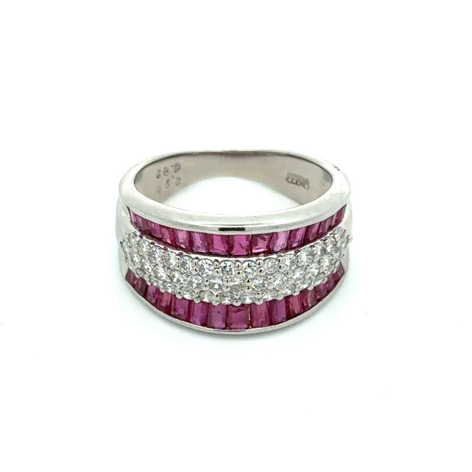 Estate Modern Fine Ruby and Diamond Platinum Ring — scale view