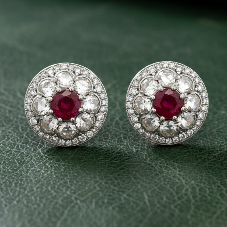 Estate Modern Gem Ruby and Diamond 18Kt White Gold Earrings