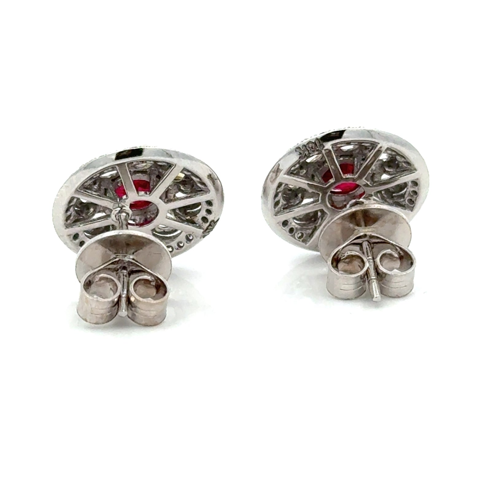 Estate Modern Gem Ruby and Diamond 18Kt White Gold Earrings — reverse view
