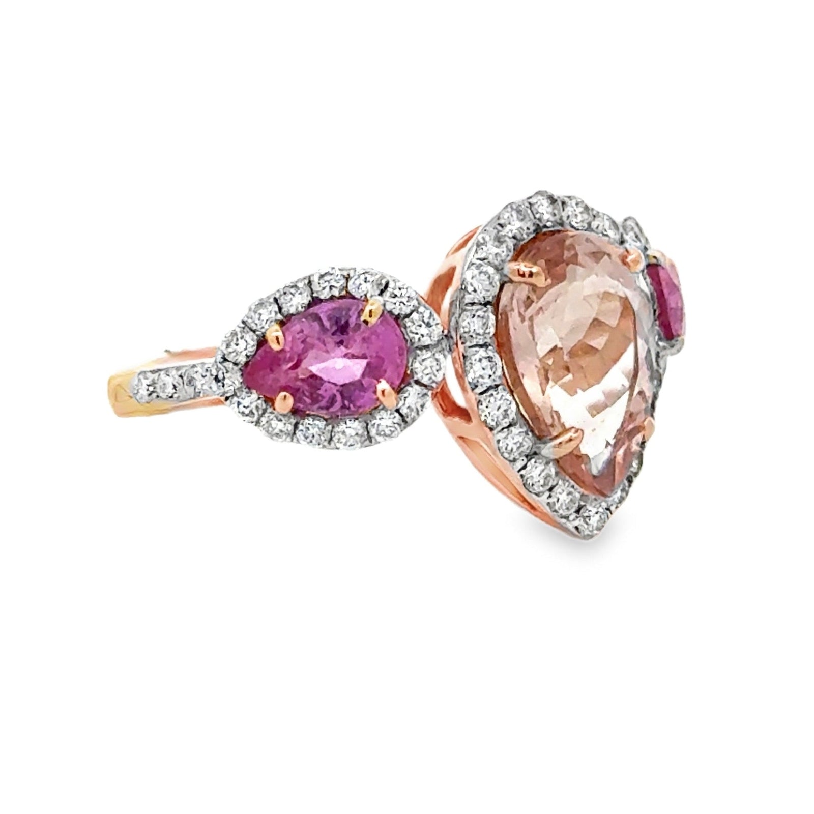 Estate Modern Pink Sapphire Kunzite, Diamond 14kt Yellow Gold Ring — detail view
