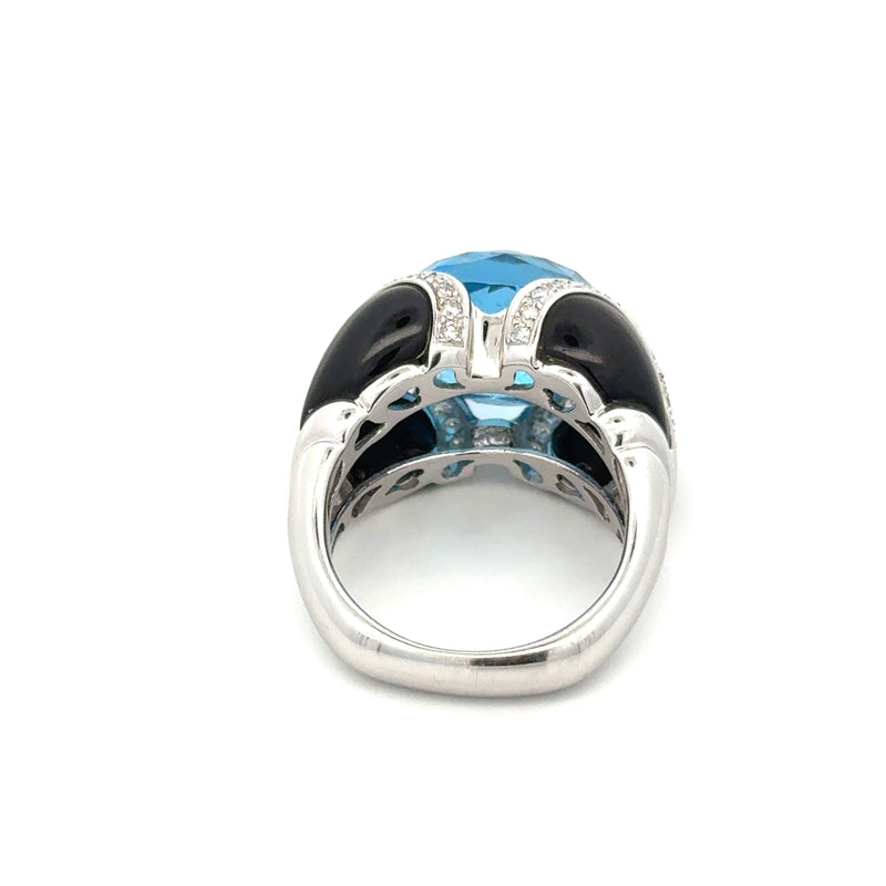 Estate Modern Italian Onyx, Blue Topaz and Diamond 18kt White Gold Ring — reverse view