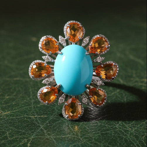 Estate Modern Orange Sapphire Diamond, Turquoise 18kt White Gold Ring
