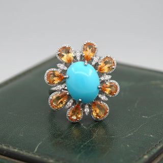 Estate Modern Orange Sapphire Diamond, Turquoise 18kt White Gold Ring — detail view