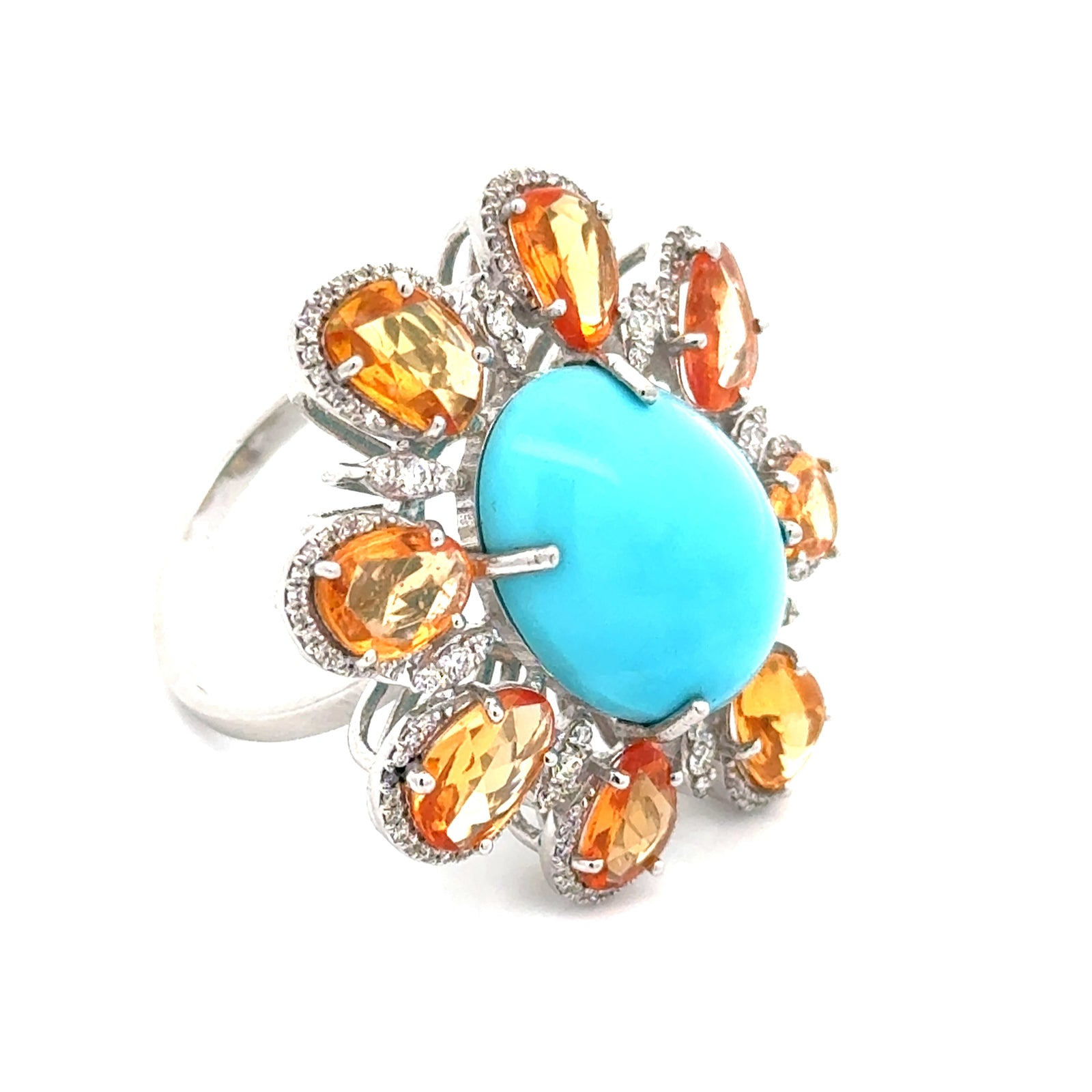 Estate Modern Orange Sapphire Diamond, Turquoise 18kt White Gold Ring — alternate view