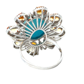 Estate Modern Orange Sapphire Diamond, Turquoise 18kt White Gold Ring — scale view