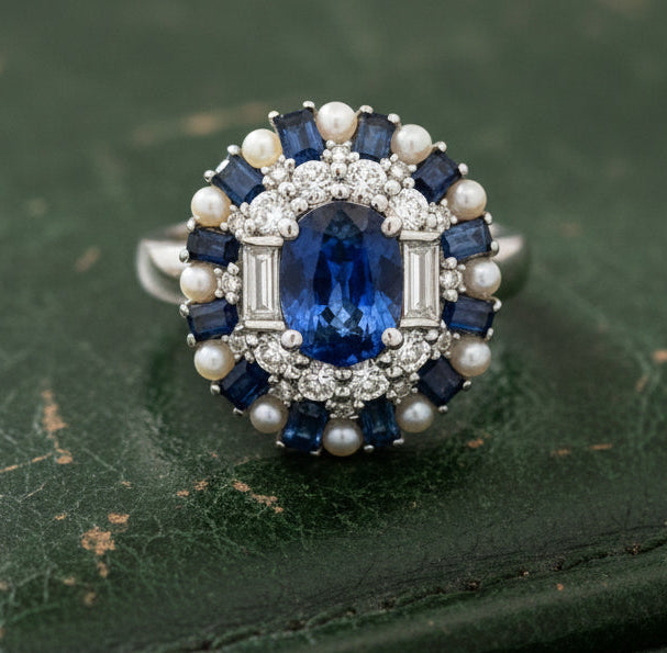 Estate Modern Designer Fine 2.59ctw Sapphire, Diamond, Pearl 18Kt White Gold Ring