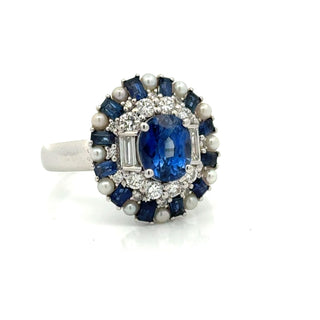 Estate Modern Designer Fine 2.59ctw Sapphire, Diamond, Pearl 18Kt White Gold Ring — reverse view
