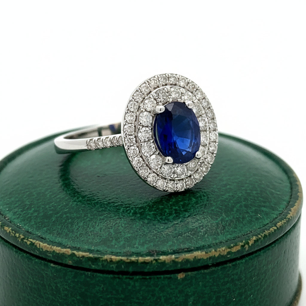 Estate Modern Fine Sapphire and Diamond 14Kt White Gold Ring