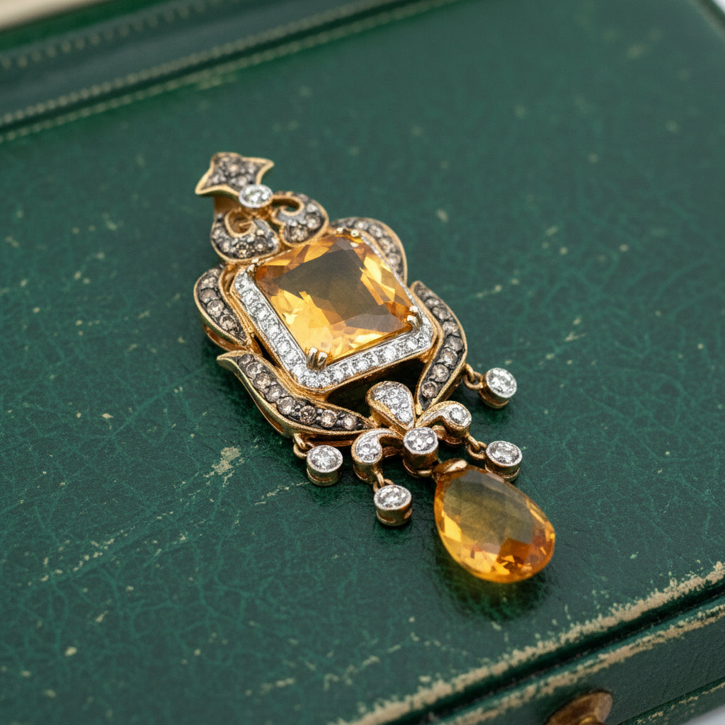 Estate Modern Citrine and Diamond 14kt Yellow Gold Pendant