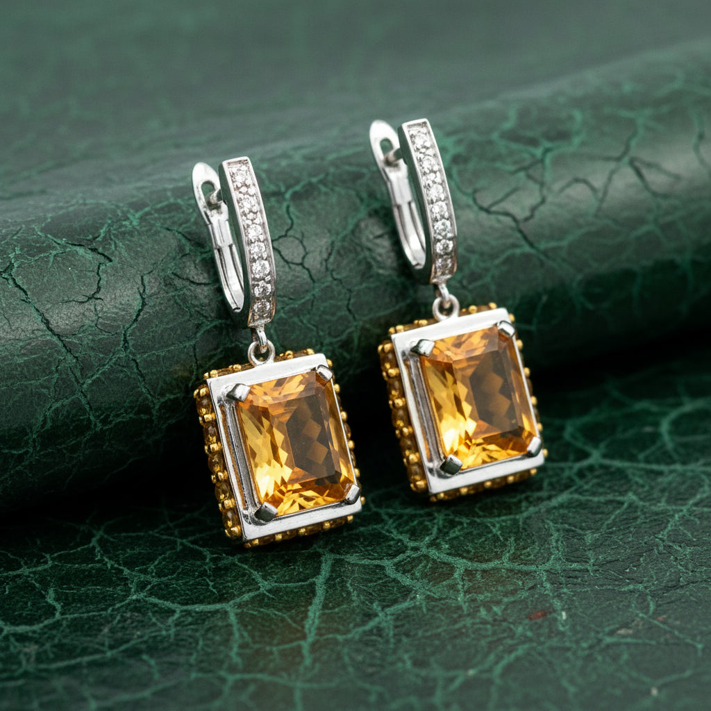 Estate Modern 8.00ctw Citrine and Diamond 14k White Gold Dangle Earring