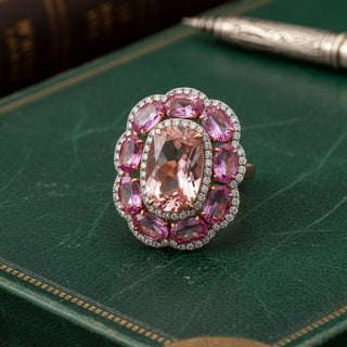 Estate Modern Pink Sapphire, Morganite, Diamond 18Kt Yellow Gold Ring