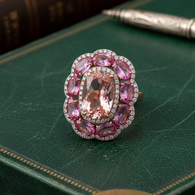 Estate Modern Pink Sapphire, Morganite, Diamond 18Kt Yellow Gold Ring