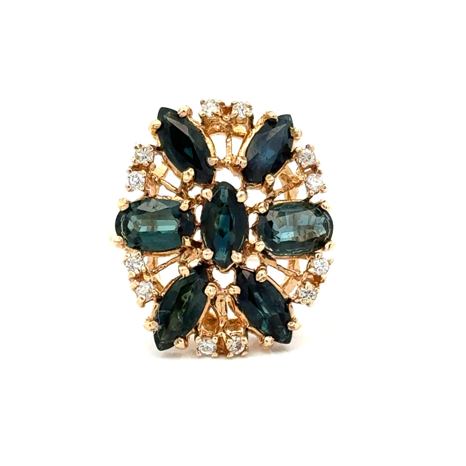 Estate Modern Blue Sapphire And Diamond 14kt Yellow Gold Cluster Ring — scale view
