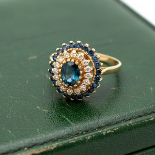 Estate Modern 1990's Sapphire and Diamond 14K Yellow Gold Ring