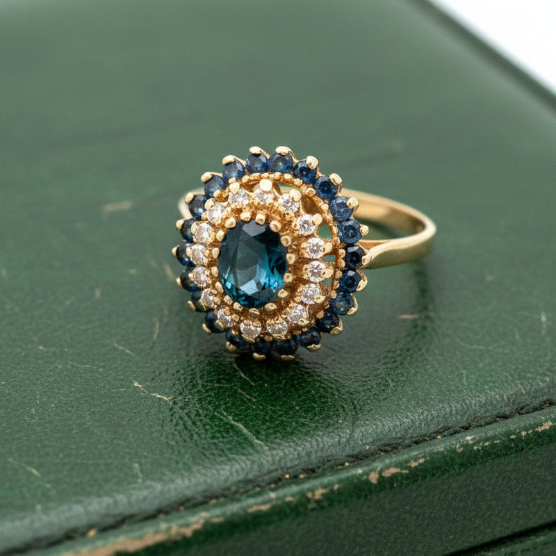 Estate Modern 1990's Sapphire and Diamond 14K Yellow Gold Ring