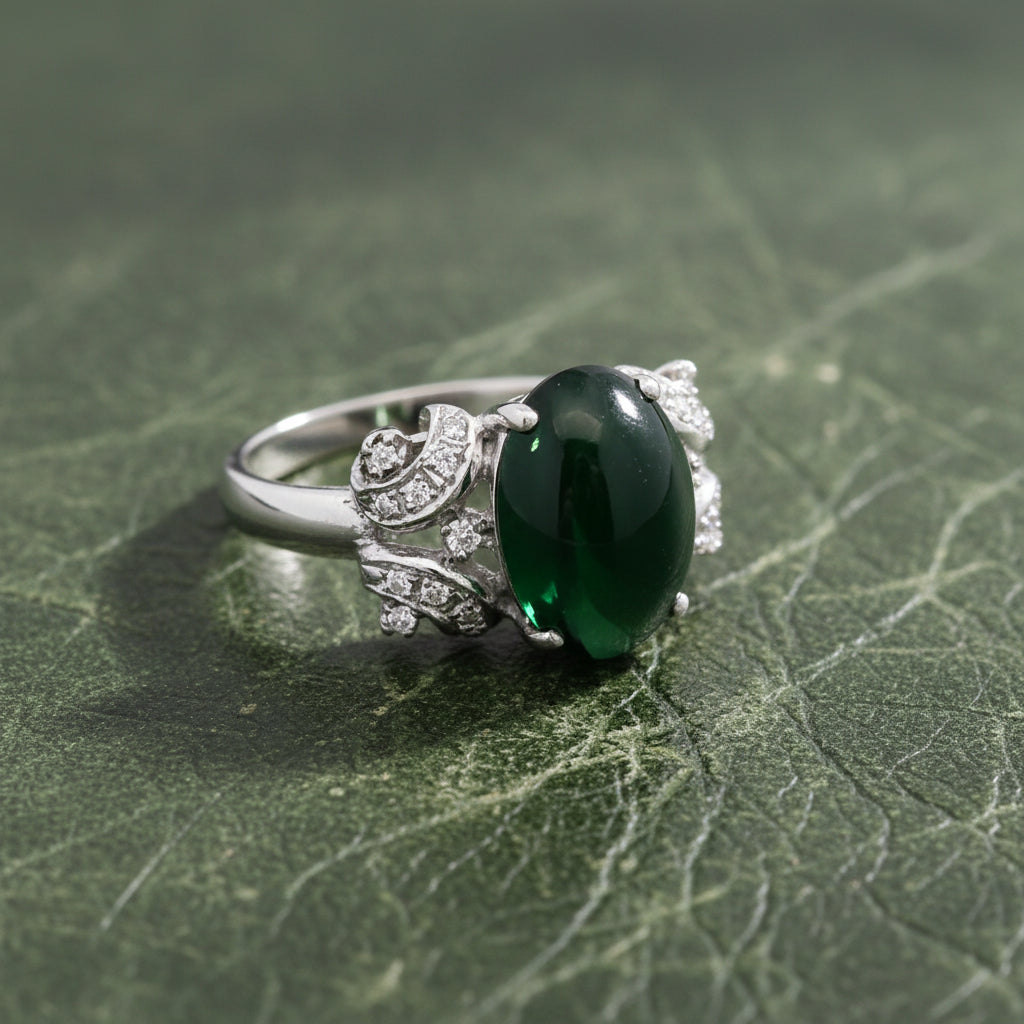 Estate Modern Jade & Diamond 14K White Gold Ring
