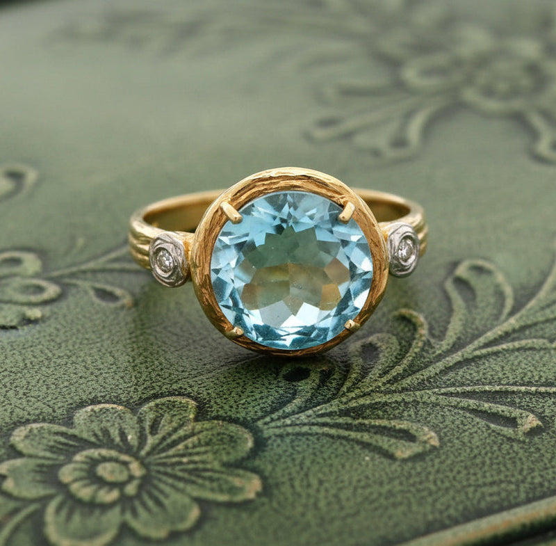 Estate Designer R. Reiss Diamond and Blue Topaz 14K Yellow/White Gold Ring