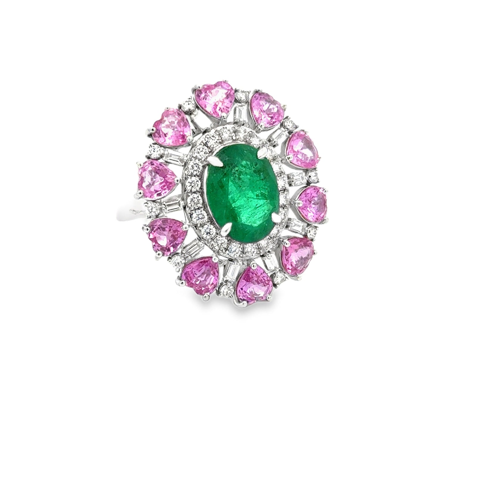 Estate Modern Emerald, Pink, Sapphire, Diamond 18Kt White Gold Ring — scale view